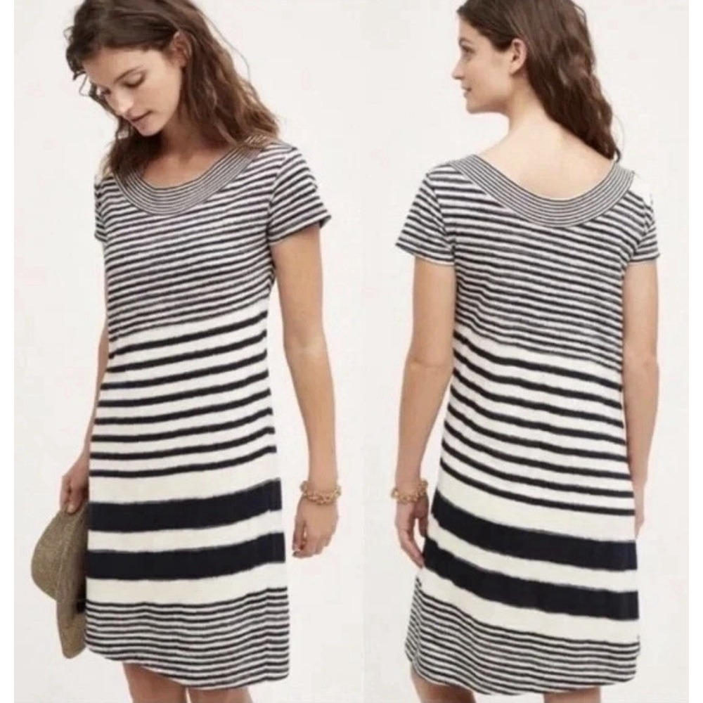 Maeve Anthropologie Women's Haven Striped Shift Dress Cream Navy Blue T Shirt‎ S
